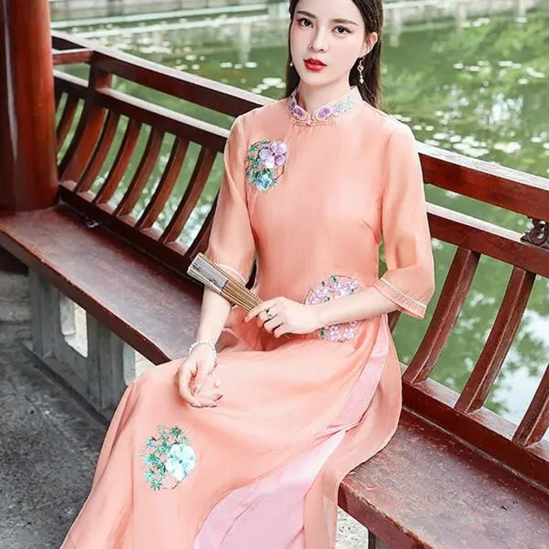Fashion Vietnam Dress Women Ao Dai Spring Summer New Embroidery Elegant Cheongsam Traditional Folk Qipao Asian Cloth